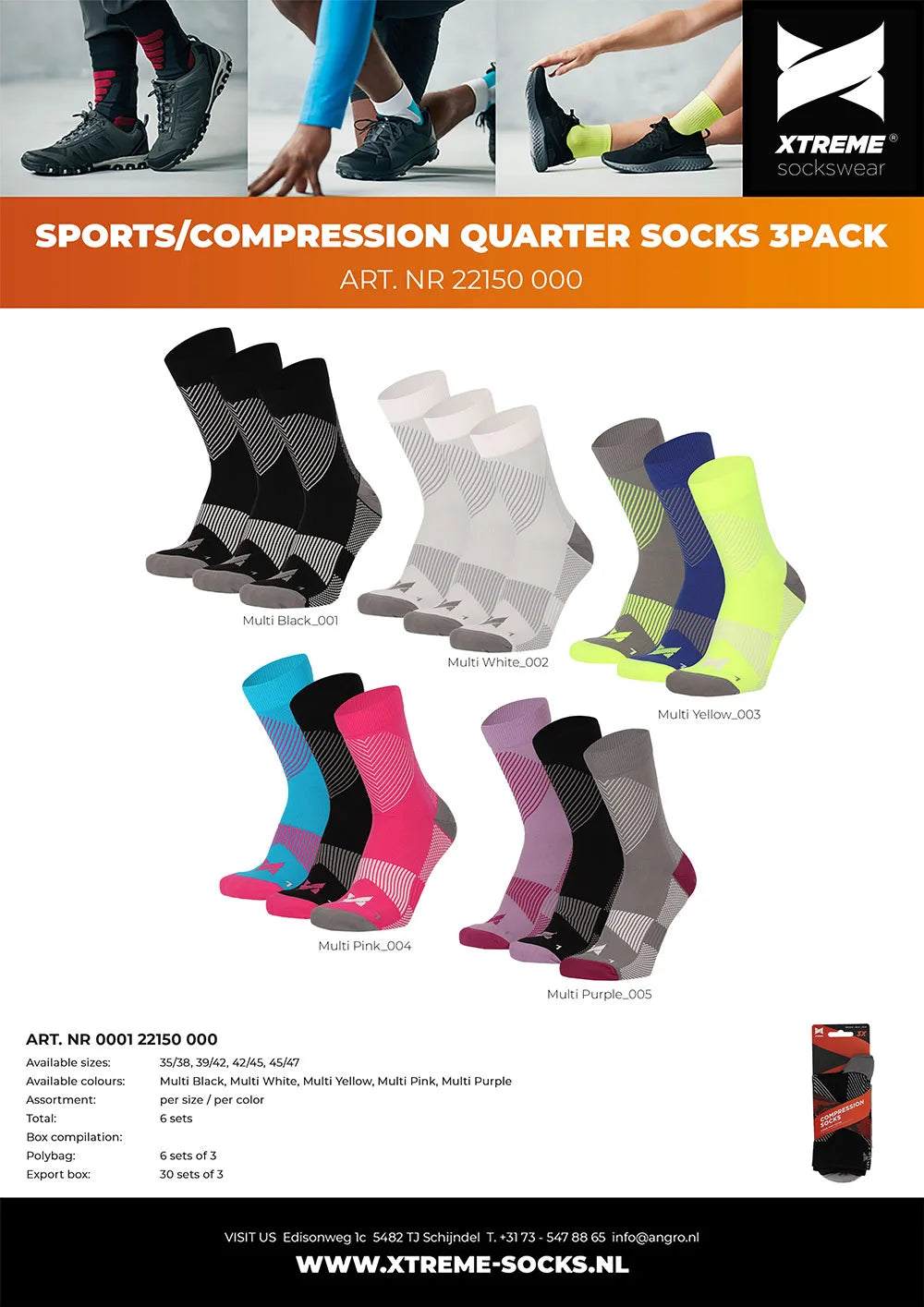 Sport Compressie Sokken Laag 3pk Black 43/45