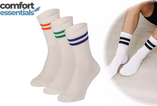 MP - Comfort Essentials - Sportsokken Heren - 3 paar - Wit Met Gekleurde Strepen