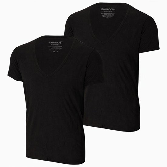 Bamboe Heren T-Shirt Extra Diepe V Hals 2pk Zwart S