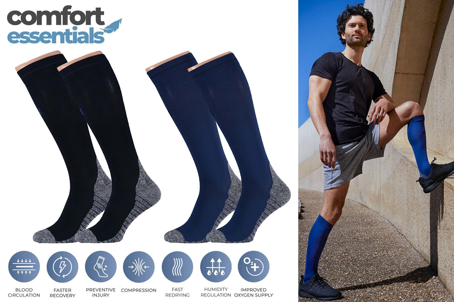 MP - Comfort Essentials - Compressiekousen - Compressie Sokken - 2 Pack - Blauw/Zwart - Maat 35-38