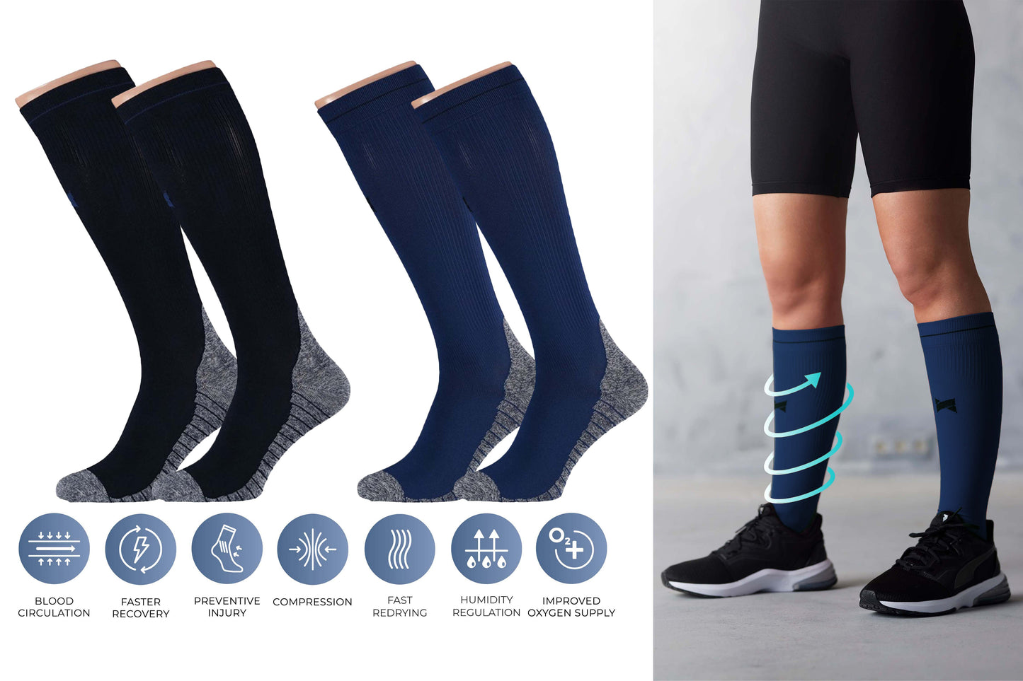 MP - Comfort Essentials - Compressiekousen - Compressie Sokken - 2 Pack - Blauw/Zwart - Maat 35-38