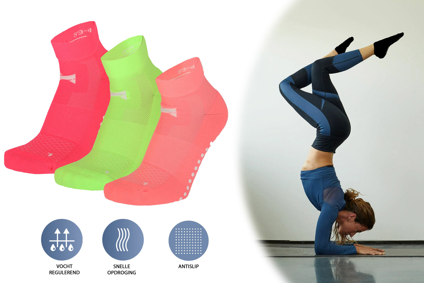 MP - Comfort Essentials -  Yoga Sokken Antislip Dames - 3 Paar - Neon Kleuren - Maat 35-38