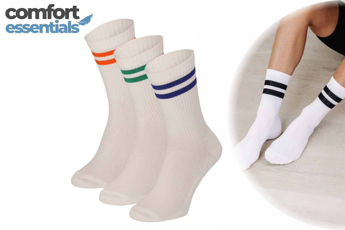 MP - Comfort Essentials - Sportsokken Heren - 3 paar - Wit Met Gekleurde Strepen
