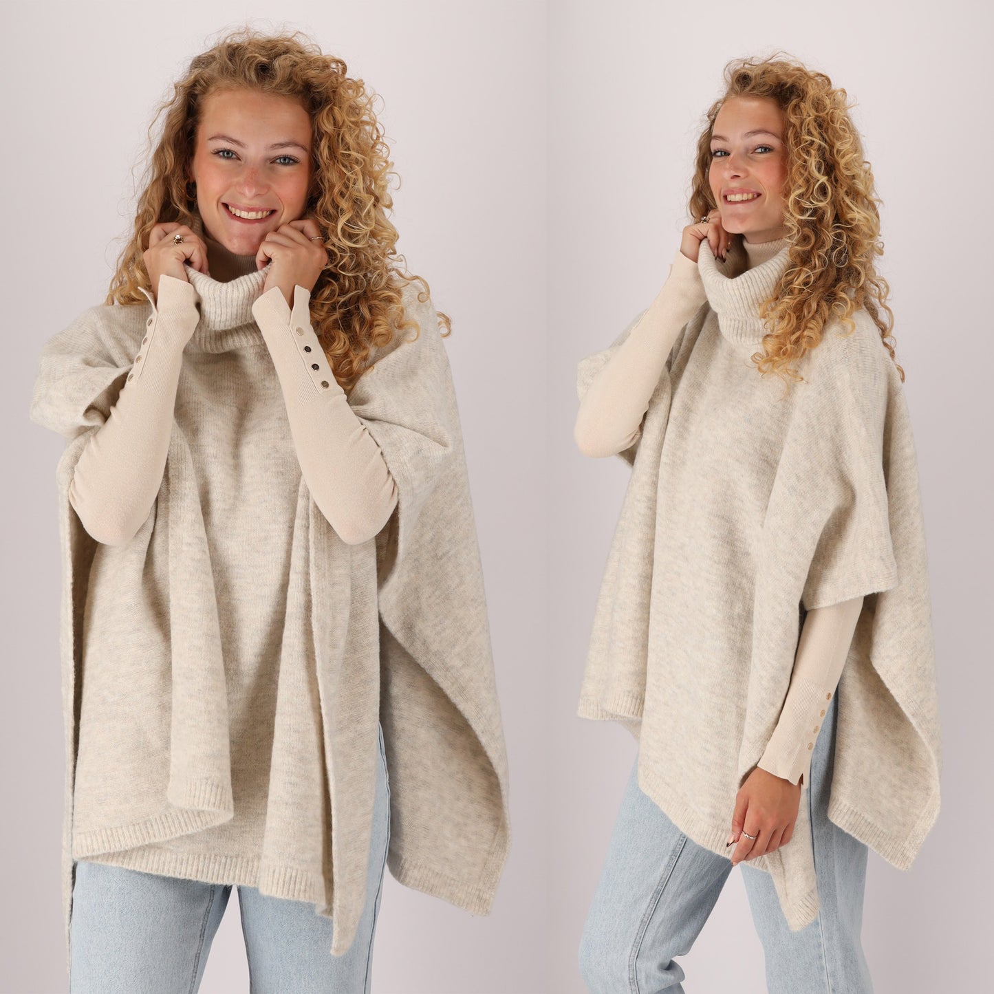 MP - Heat Essentials -  Wit Melange - Gebreide Dames Poncho met Col